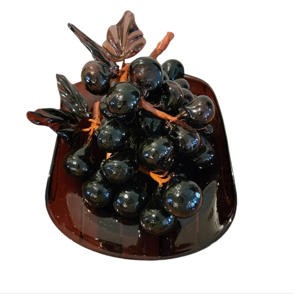 Amethyst Hand‎ Blown Glass Bowl with Amethyst Glass Grape Clusters MCM